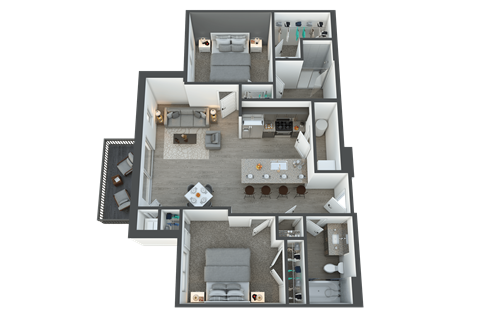Floor plan for 2 beds, 2 baths, 987 sqft